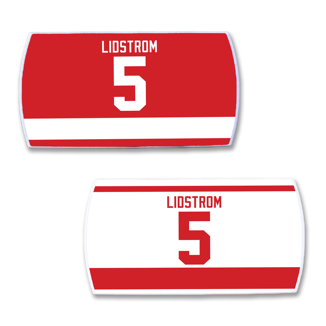 ZippyBack™ Nicklas Lidström nameplates: one red with white stripes, one white with red stripes—both featuring "LIDSTROM" and number 5. A must-have for any hockey fan or collector.