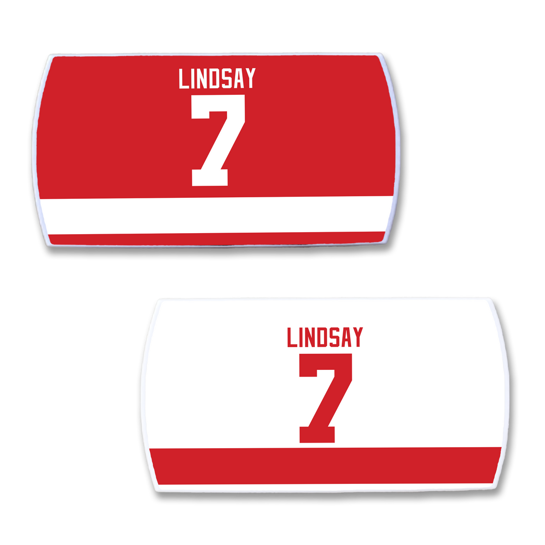 Two ZippyBack™ rectangular nameplates honor Ted Lindsay: the top is red with "LINDSAY" and 7 in white, the bottom is white with a red stripe, "LINDSAY," and 7 in red—both celebrating this legendary hockey player.