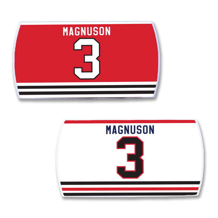 Two ZippyBack™ nameplates featuring Keith Magnuson 3: one with a red background and black stripes, the other with a white background and red/black stripes—honoring his physical play on the ice.