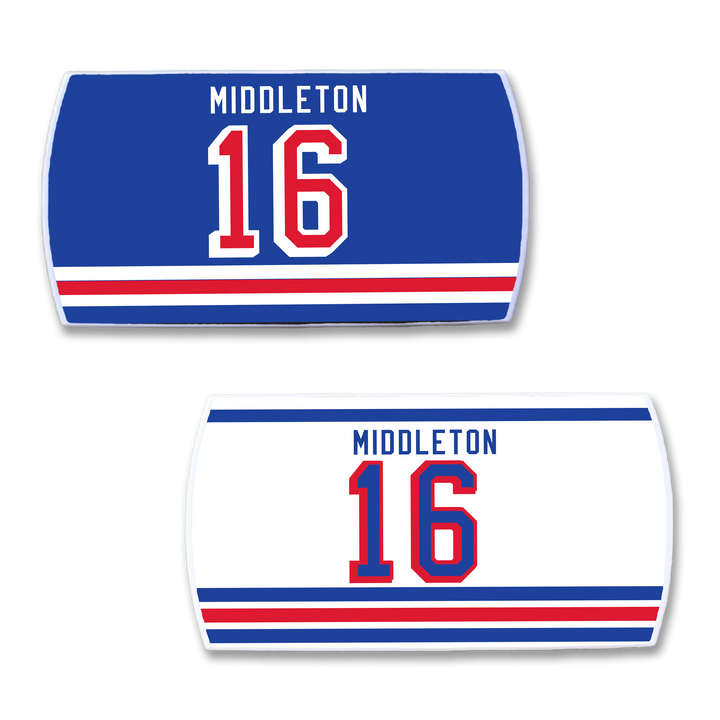 Two ZippyBack™ hockey jersey nameplates for Rick Middleton: one blue, one white, both featuring the number 16 in red with a blue outline above red and blue stripes—ideal for any winger.