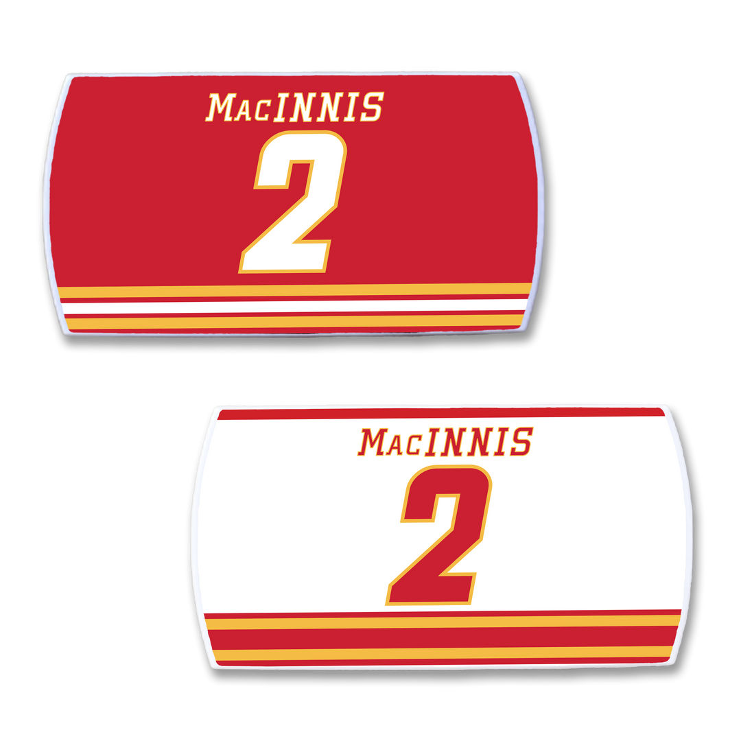 Two ZippyBack™ nameplates for Al MacInnis—one red, one white—both with gold and red stripes, bold red and gold lettering, and his iconic number 2 below. A must-have for any hockey fan or Al MacInnis collection.