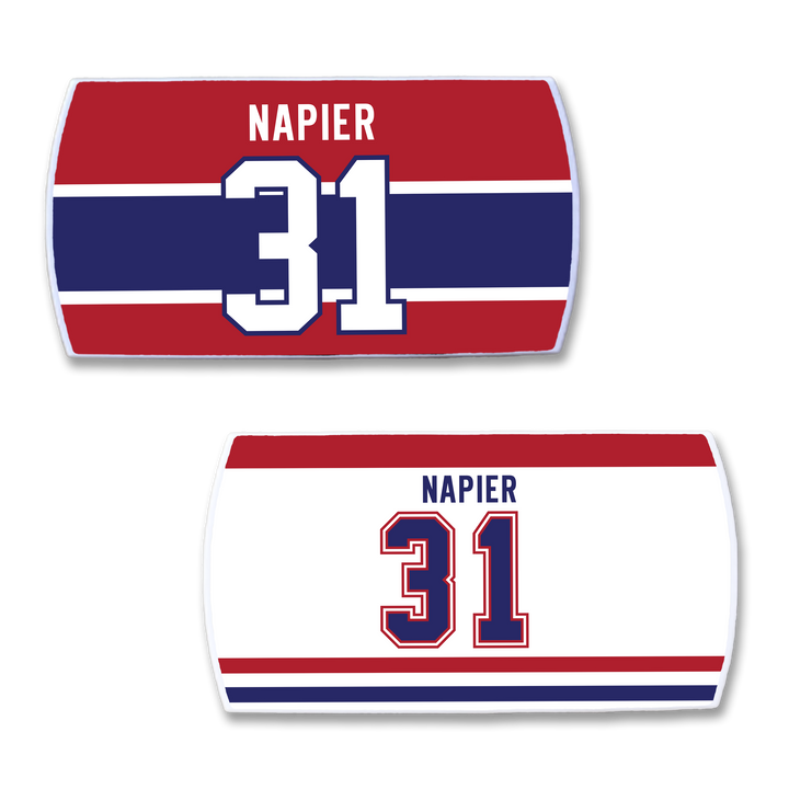 Two rectangular ZippyBack™ hockey jersey nameplates for Mark Napier: one red with white and blue "NAPIER 31," one white with red, blue, and white stripes—ideal keepsakes for speed-loving fans.