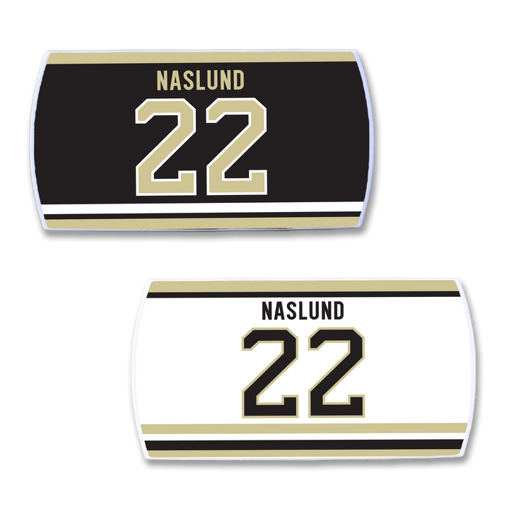 Two ZippyBack™ nameplates honoring Markus Näslund—one black and one white, each with “NASLUND” and number 22 in gold, beige, and black accents.