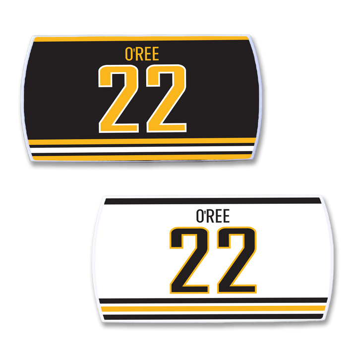 The ZippyBack™ Willie O’Ree set includes two hockey jersey nameplates—one black with gold and white stripes, one white with black and gold stripes—both featuring OREE and 22, honoring hockey’s history.