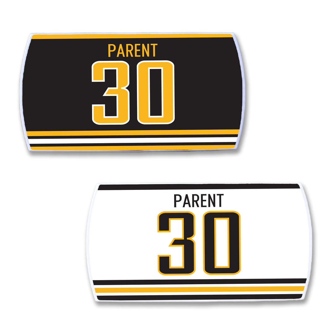 ZippyBack™ Bernie Parent nameplates honor the champion goalie: one features a black background with gold and white “PARENT 30,” and one is white with matching details. Both are trimmed with gold and black stripes.