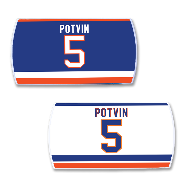 ZippyBack™ Denis Potvin nameplates honor the legendary defenseman, each displaying his name and number 5: one blue with orange/white stripes, the other white with blue/orange stripes; both feature matching fonts and layouts.
