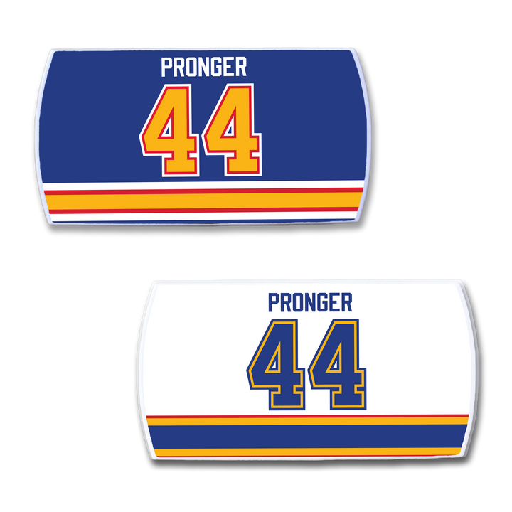 ZippyBack™ Chris Pronger nameplates—two for the legendary defenseman 44: one blue with gold, red, and white stripes, one white with blue, gold, and red stripes—honoring his elite puck-moving skills.