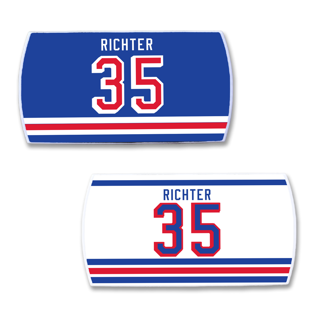 Celebrate Mike Richter with two ZippyBack™ nameplates—one blue, one white—showcasing “RICHTER” and 35 in bold red numbers outlined in blue, complete with signature team stripes to honor his legendary goaltending.