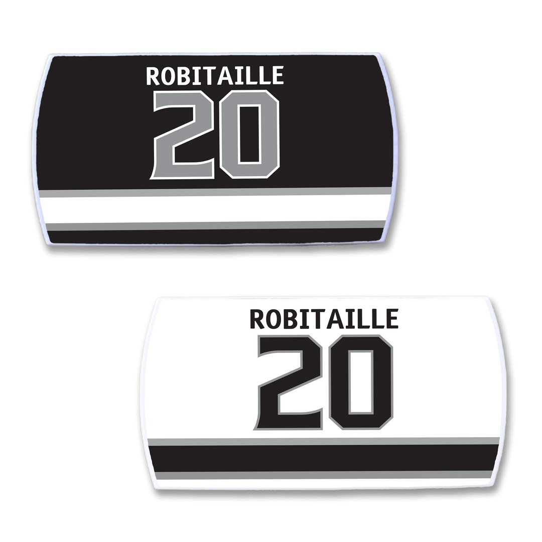 Two ZippyBack™ hockey jersey nameplates for Luc Robitaille 20, a top black and bottom white design, both accented in gray and black stripes—honoring one of hockey’s legendary left wingers.