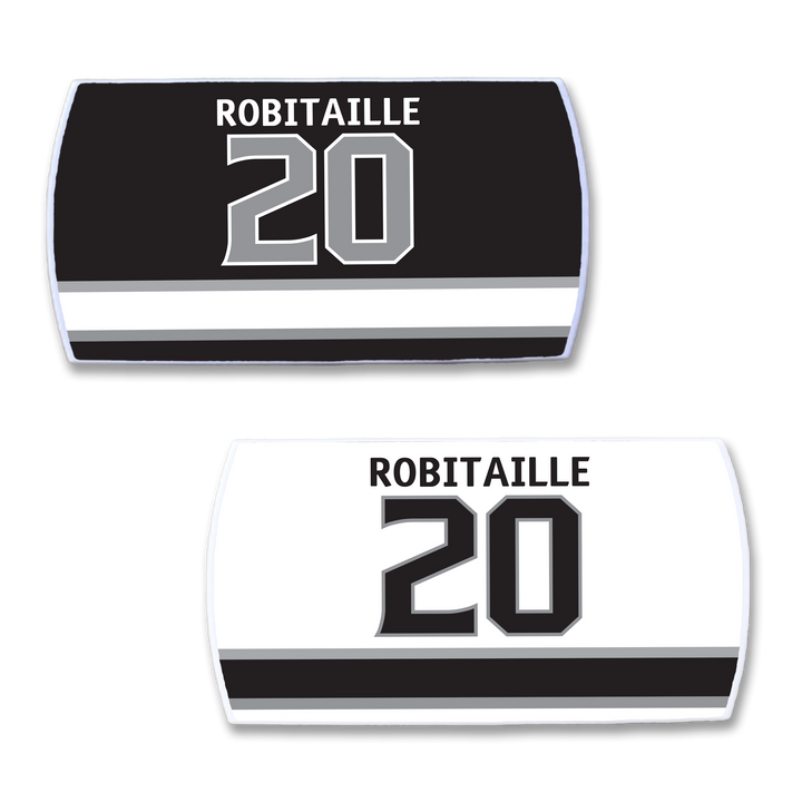 Two ZippyBack™ hockey jersey nameplates for Luc Robitaille 20, a top black and bottom white design, both accented in gray and black stripes—honoring one of hockey’s legendary left wingers.