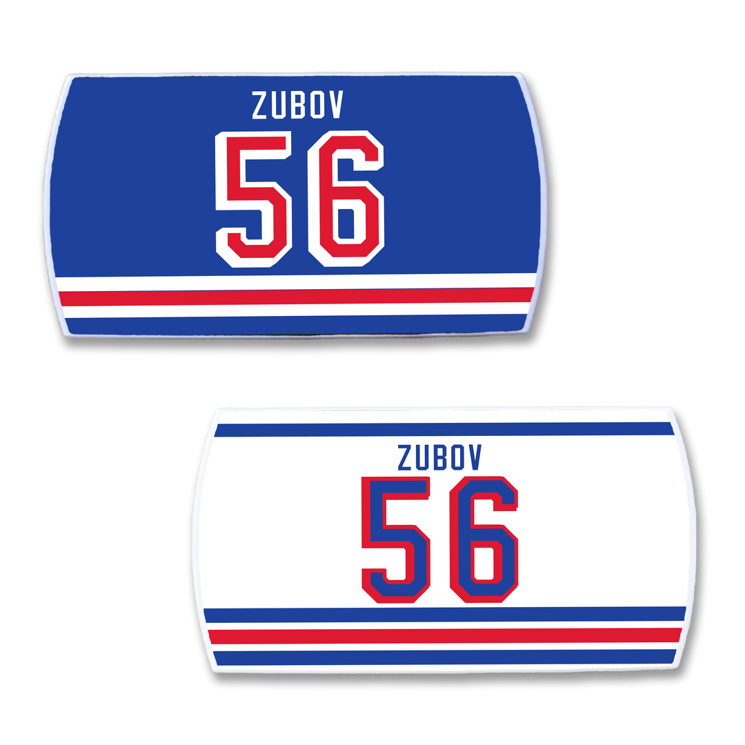 Two ZippyBack™ Sergei Zubov hockey jersey nameplates—one blue, one white—with red/blue stripes, "Zubov" and large red number 56 outlined in blue, honoring the skilled defenseman.