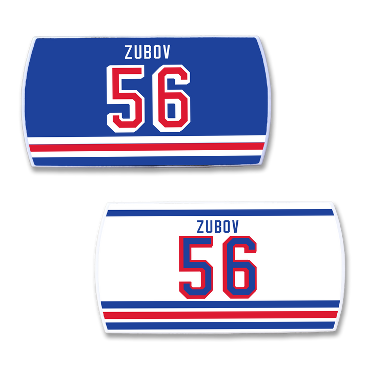 Two ZippyBack™ Sergei Zubov hockey jersey nameplates—one blue, one white—with red/blue stripes, "Zubov" and large red number 56 outlined in blue, honoring the skilled defenseman.