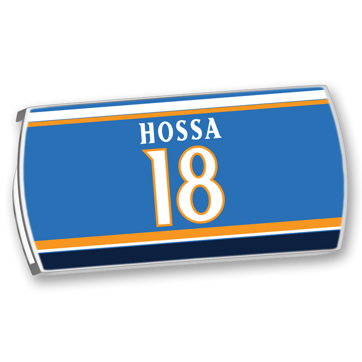 The ZippyBack™ Marian Hossa nameplate is a blue sports jersey patch with "Marian Hossa" in white above the number 18 in yellow and white, plus white and yellow stripes—honoring his scoring skill and defensive talent.