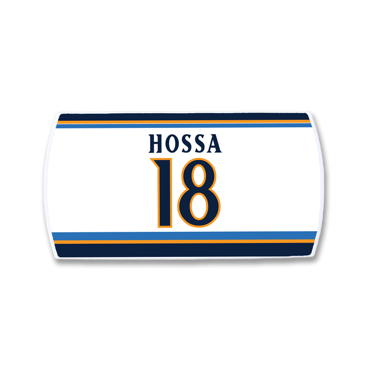 Show your support for Marian Hossa with this ZippyBack™ white hockey jersey nameplate, featuring blue and yellow stripes plus "HOSSA" and number 18 in bold blue and yellow—a must-have for true fans.