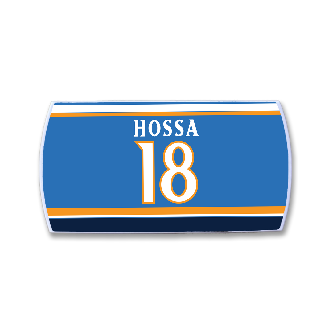 The ZippyBack™ Marian Hossa nameplate sticker features "Hossa" and number 18 in white and gold on a blue background with white, gold, and navy stripes—honoring Marian Hossa&