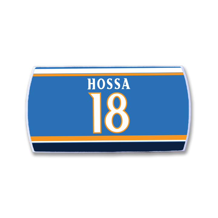 The ZippyBack™ Marian Hossa nameplate sticker features "Hossa" and number 18 in white and gold on a blue background with white, gold, and navy stripes—honoring Marian Hossa&