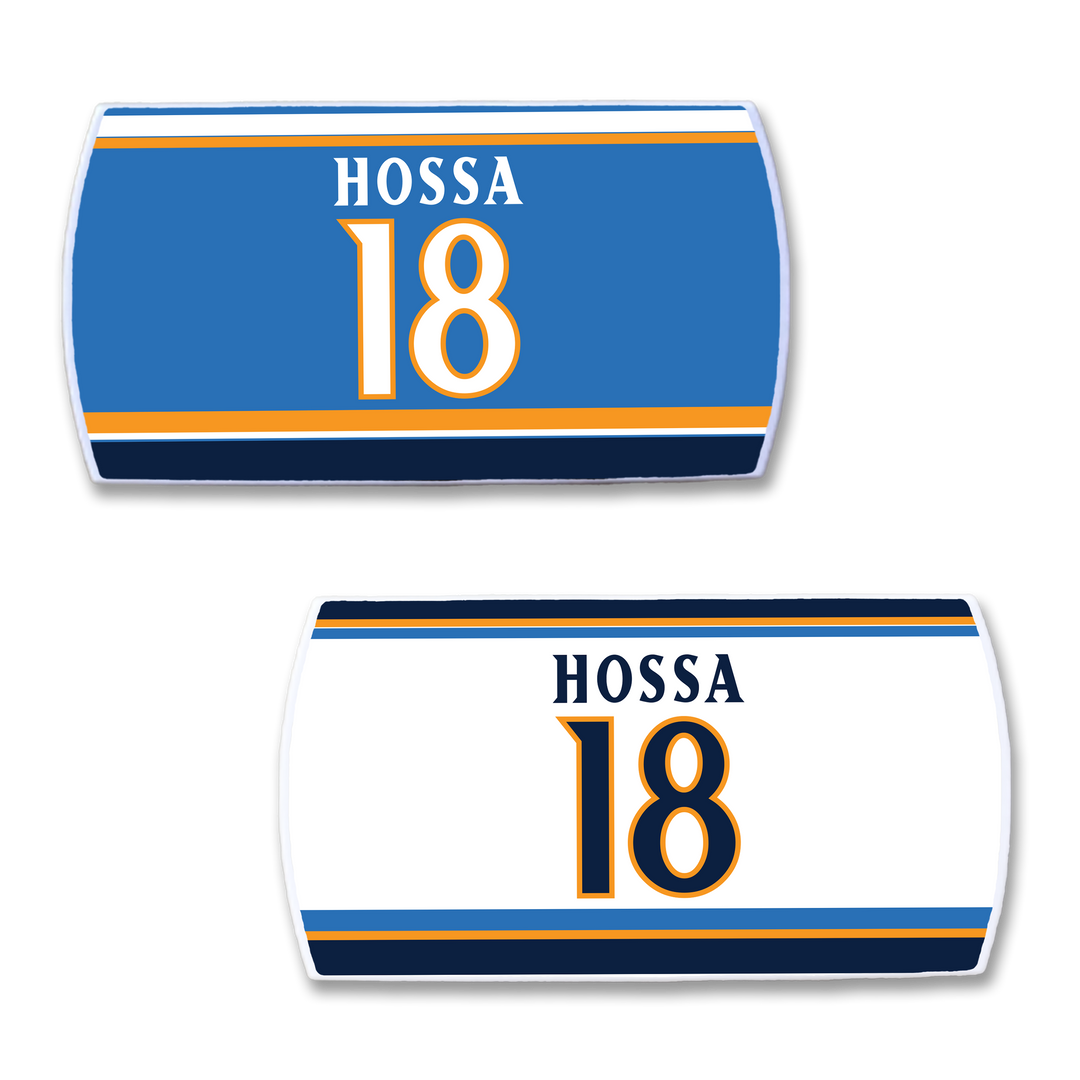 Two ZippyBack™ Marian Hossa name and number patches—HOSSA 18 in blue, gold, and white—one on a blue background, one on white with blue and gold stripes.