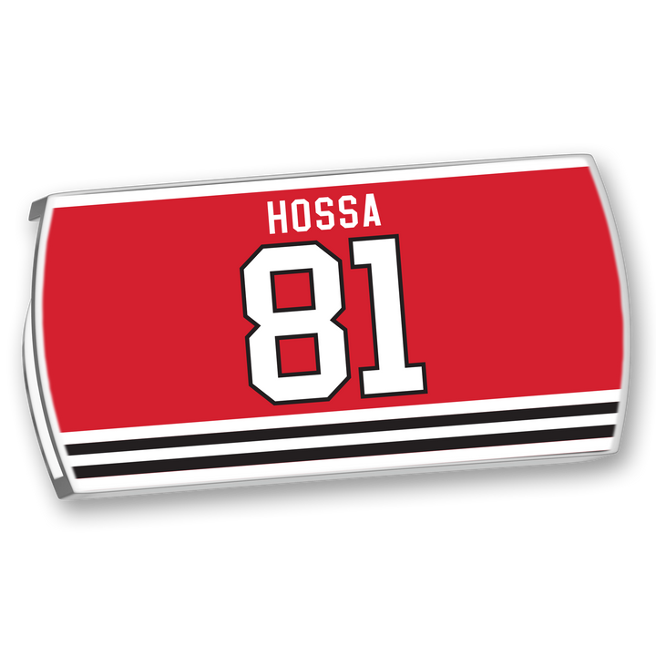 The ZippyBack™ Marian Hossa patch is red and rectangular, with black and white stripes at the bottom. It features “Marian Hossa” and the bold number 81 in white outlined in black, celebrating his elite scoring and defensive skills.