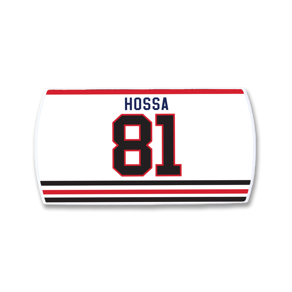 Celebrate elite scoring with the ZippyBack™ Marian Hossa nameplate: a white hockey jersey piece featuring “Marian Hossa” and number 81 in bold red and black, plus three black/red horizontal bottom stripes.