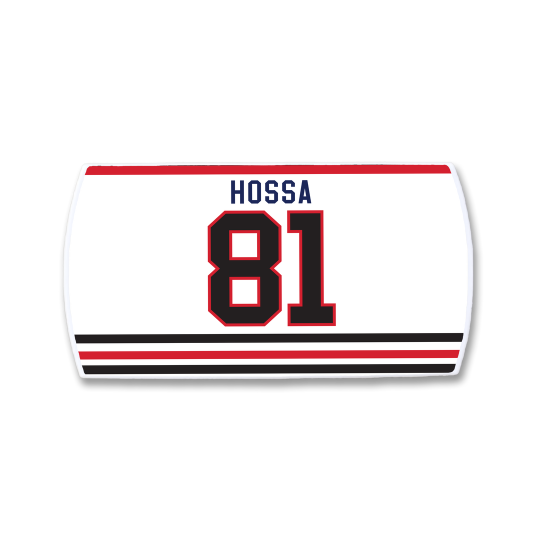 Celebrate elite scoring with the ZippyBack™ Marian Hossa nameplate: a white hockey jersey piece featuring “Marian Hossa” and number 81 in bold red and black, plus three black/red horizontal bottom stripes.