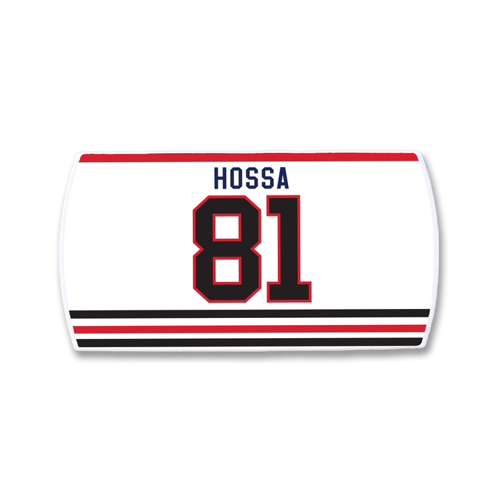 Celebrate elite scoring with the ZippyBack™ Marian Hossa nameplate: a white hockey jersey piece featuring “Marian Hossa” and number 81 in bold red and black, plus three black/red horizontal bottom stripes.