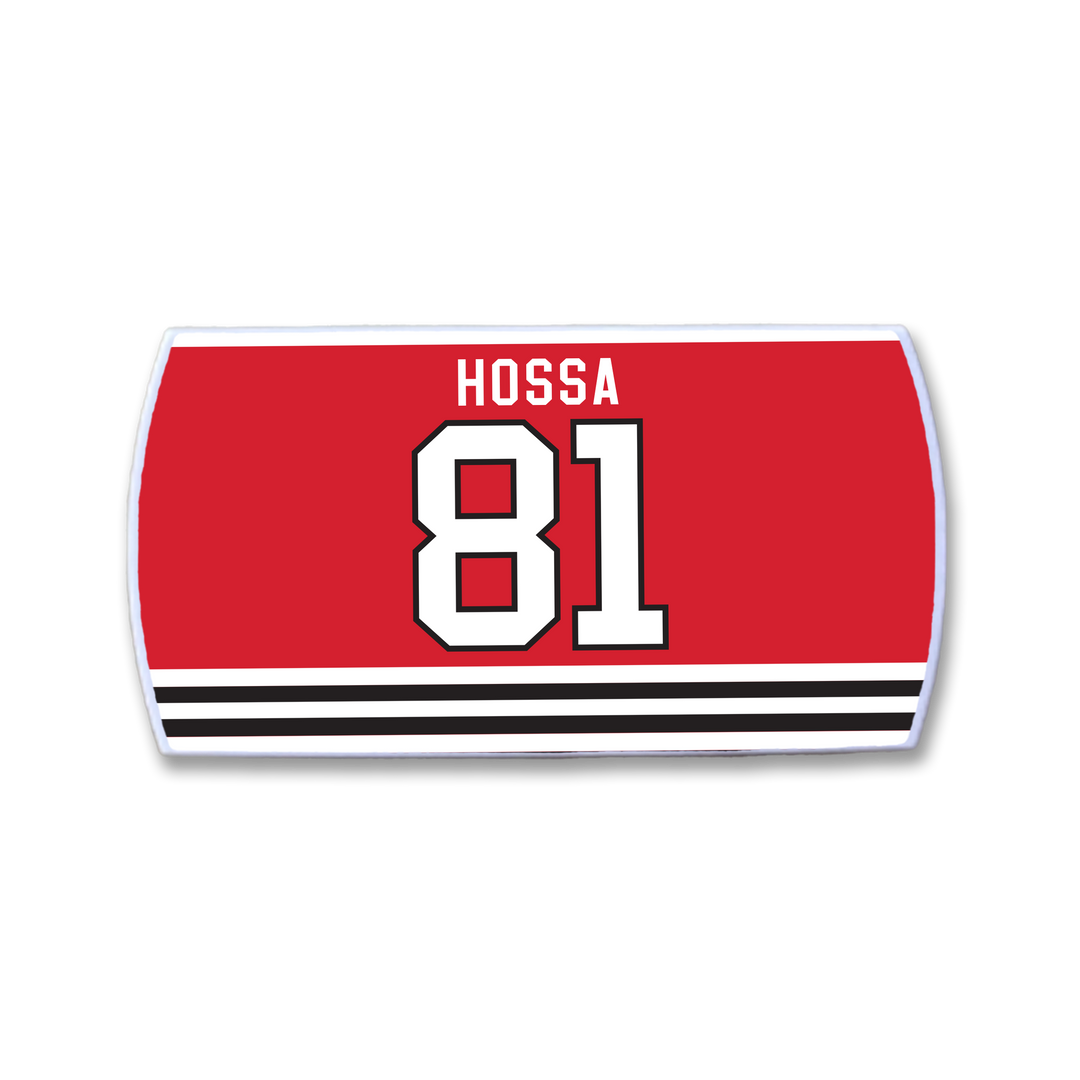 The ZippyBack™ Marian Hossa patch features "Marian Hossa" in white above a bold white 81—both outlined in black—with two black and one white horizontal stripes, celebrating the hockey legend’s elite scoring ability.