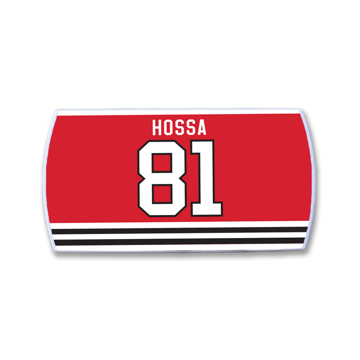 The ZippyBack™ Marian Hossa patch features "Marian Hossa" in white above a bold white 81—both outlined in black—with two black and one white horizontal stripes, celebrating the hockey legend’s elite scoring ability.