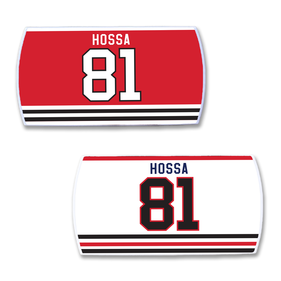 ZippyBack™ Marian Hossa features two rectangular patches: a red one with HOSSA 81 in white and black, and a white one with HOSSA 81 in blue, red, and black—celebrating his scoring skill and defense. Both sport bold stripes.