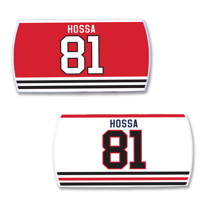 ZippyBack™ Marian Hossa features two rectangular patches: a red one with HOSSA 81 in white and black, and a white one with HOSSA 81 in blue, red, and black—celebrating his scoring skill and defense. Both sport bold stripes.