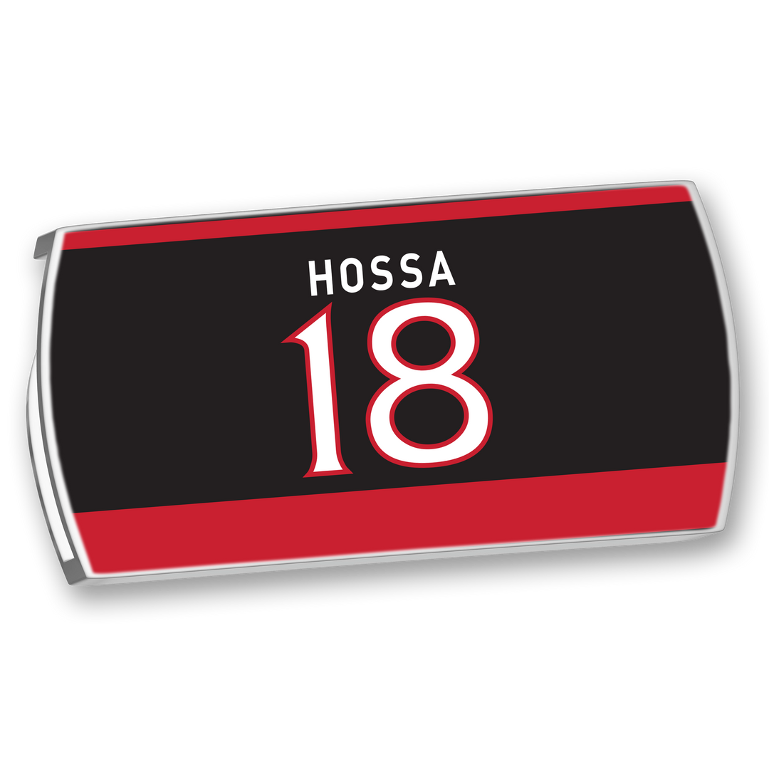 The ZippyBack™ Marian Hossa rectangular hockey nameplate displays his name in white and number 18 in bold red and white on a black background with red borders, honoring his elite scoring and defensive skills.