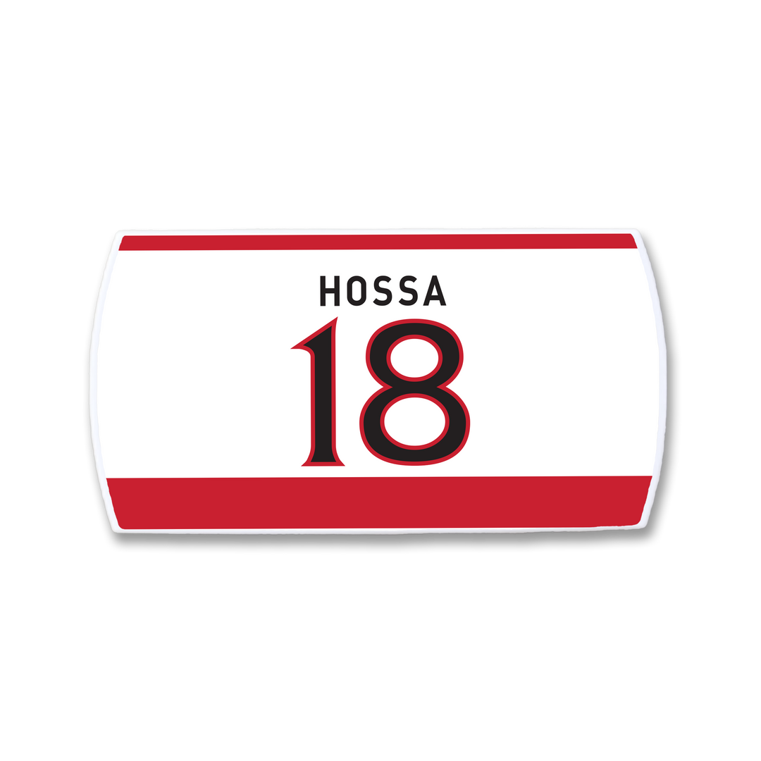 The ZippyBack™ Marian Hossa nameplate is a white hockey jersey patch with red borders, his name in black, and number 18 in red with a black outline—honoring his elite scoring and legendary presence on the ice.