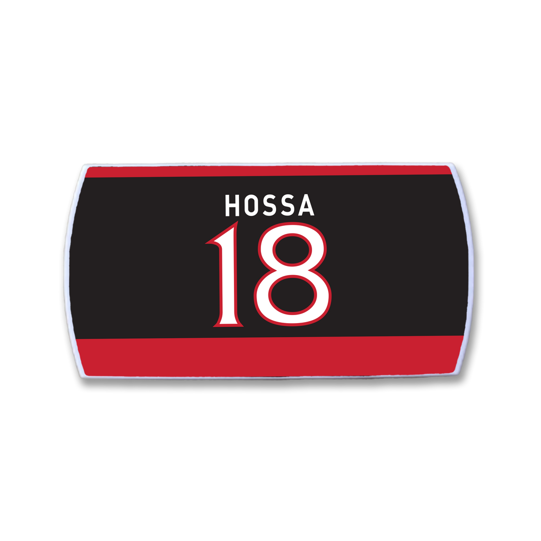 Show your support for Marian Hossa with this ZippyBack™ rectangular nameplate, featuring "HOSSA" and the number 18 in white with red on black, bordered by red stripes—ideal for fans of his legendary hockey skills.