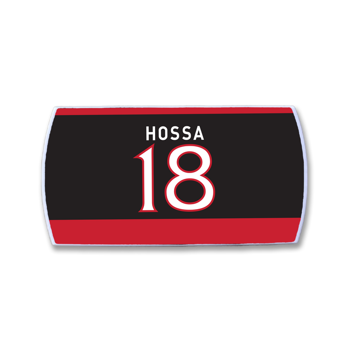 Show your support for Marian Hossa with this ZippyBack™ rectangular nameplate, featuring "HOSSA" and the number 18 in white with red on black, bordered by red stripes—ideal for fans of his legendary hockey skills.