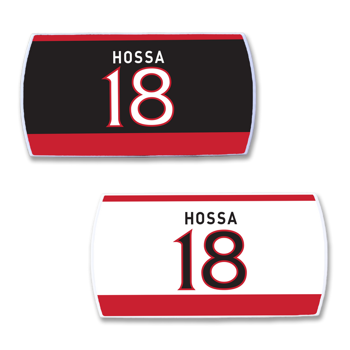 Two ZippyBack™ Marian Hossa hockey jersey nameplates—one black and red, one white and red—feature "Hossa" and number 18 boldly displayed, representing his outstanding scoring talent and defensive skills.