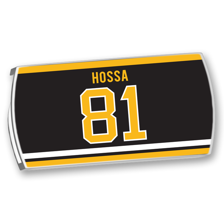 The ZippyBack™ Marian Hossa rectangular hockey locker nameplate displays his name and number 81 in yellow and white on a black background with gold and white stripes, honoring his elite scoring ability.
