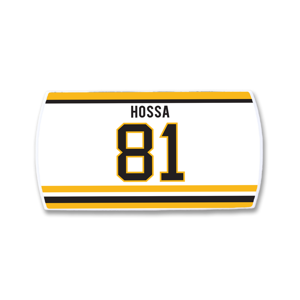 A ZippyBack™ Marian Hossa hockey jersey nameplate in white, featuring his name and number 81 in black and gold, with gold and black striped borders—celebrating his defensive and scoring excellence.