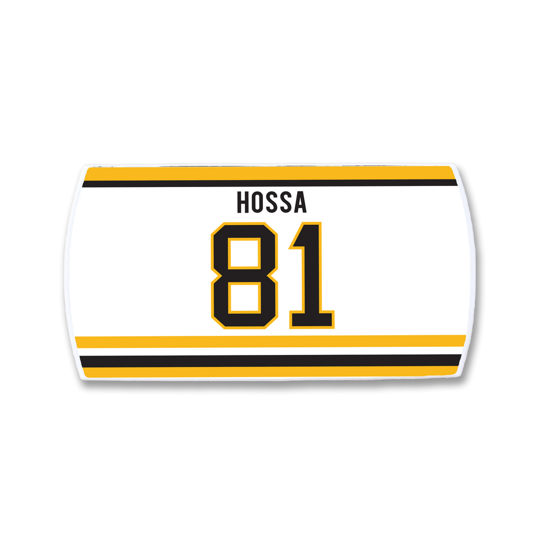 A ZippyBack™ Marian Hossa hockey jersey nameplate in white, featuring his name and number 81 in black and gold, with gold and black striped borders—celebrating his defensive and scoring excellence.