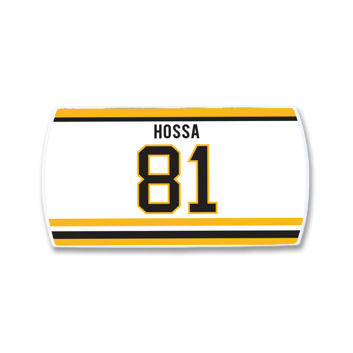 A ZippyBack™ Marian Hossa hockey jersey nameplate in white, featuring his name and number 81 in black and gold, with gold and black striped borders—celebrating his defensive and scoring excellence.