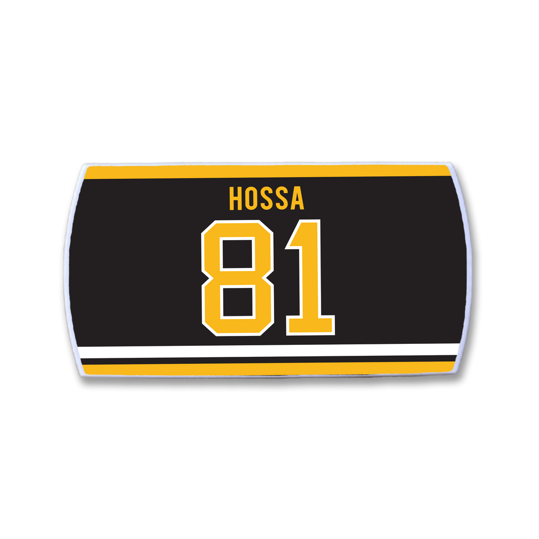 A ZippyBack™ nameplate featuring Marian Hossa and number 81 in yellow and white on black with gold and white stripes, honoring his elite scoring ability.