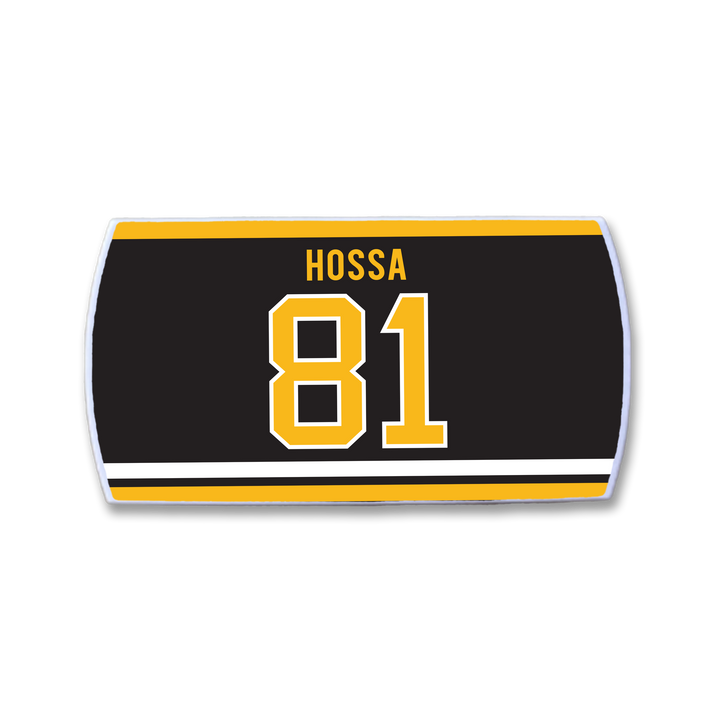A ZippyBack™ nameplate featuring Marian Hossa and number 81 in yellow and white on black with gold and white stripes, honoring his elite scoring ability.