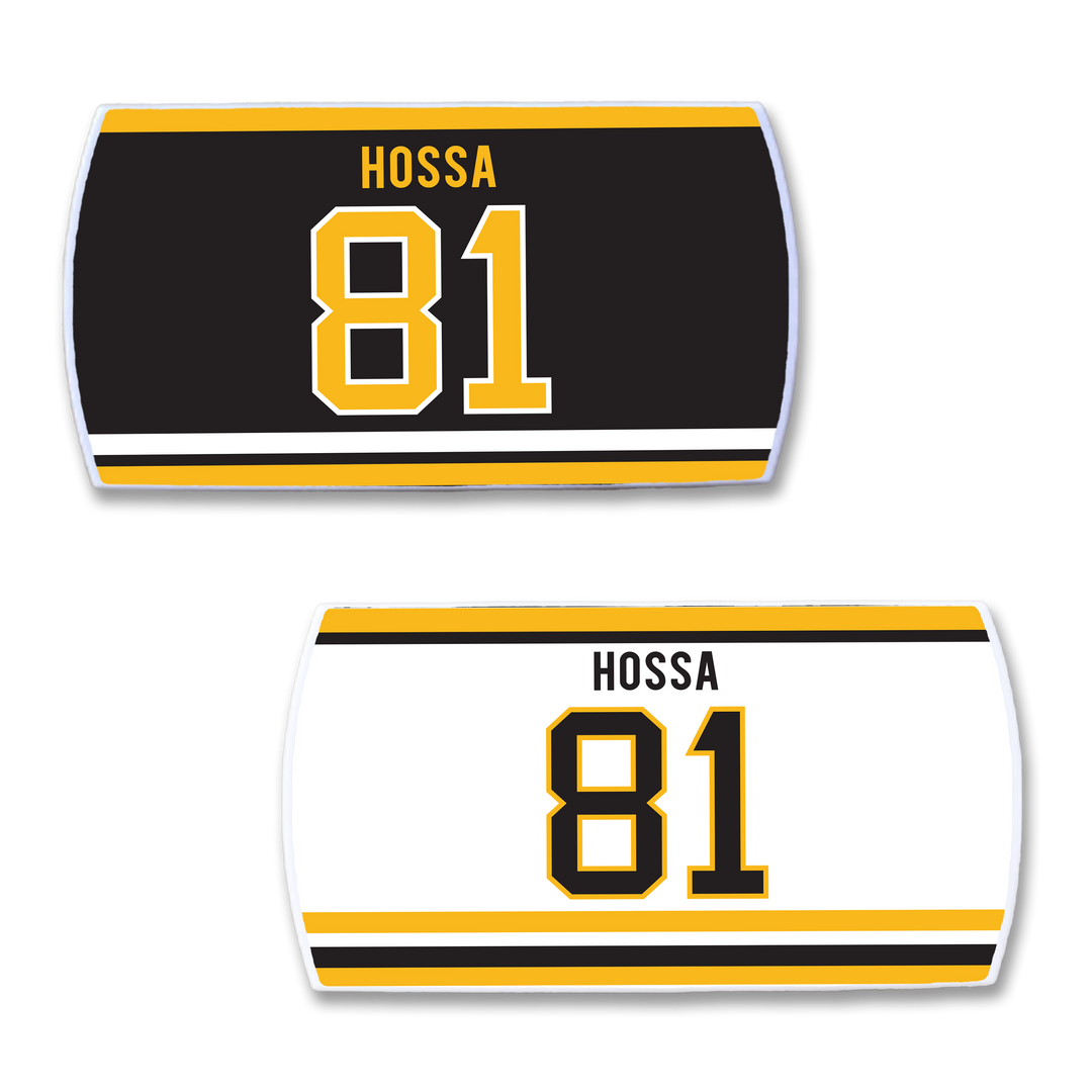 Two rectangular ZippyBack™ nameplates for Marian Hossa—one black, one white—feature "HOSSA" and number 81 in gold, black, and white with a yellow and black stripe, honoring his elite scoring.