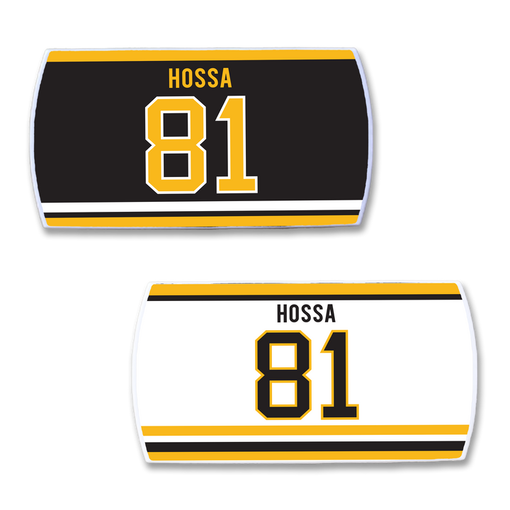 Two rectangular ZippyBack™ nameplates for Marian Hossa—one black, one white—feature "HOSSA" and number 81 in gold, black, and white with a yellow and black stripe, honoring his elite scoring.