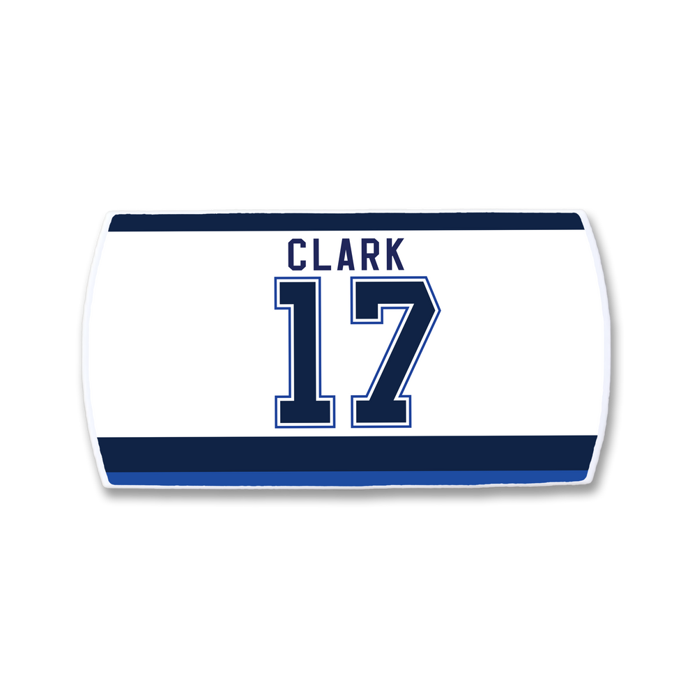 The ZippyBack™ Wendel Clark jersey is a white sports top with blue stripes, featuring "CLARK" above the number 17 in bold blue—an essential collectible for any fan.